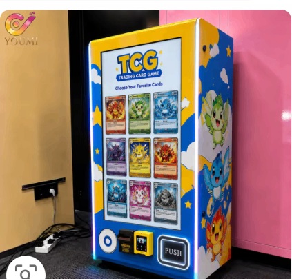 Yellow touchscreen vending machine displaying Pokémon trading cards