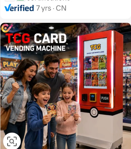 Red touchscreen TCG vending machine displaying card packs