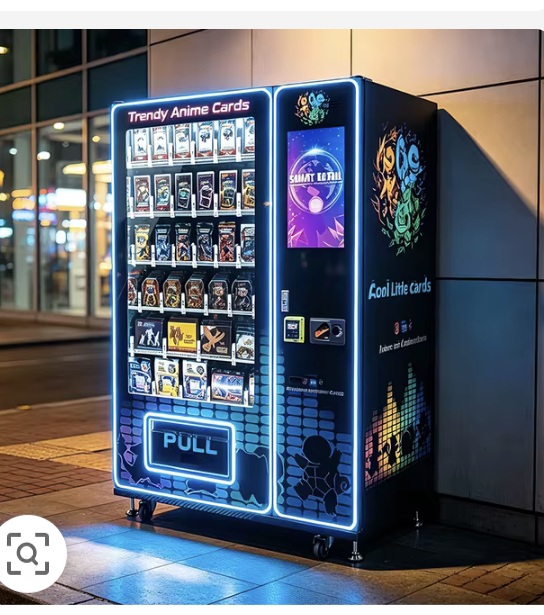 Blue illuminated trading card vending machine stocked with card packs